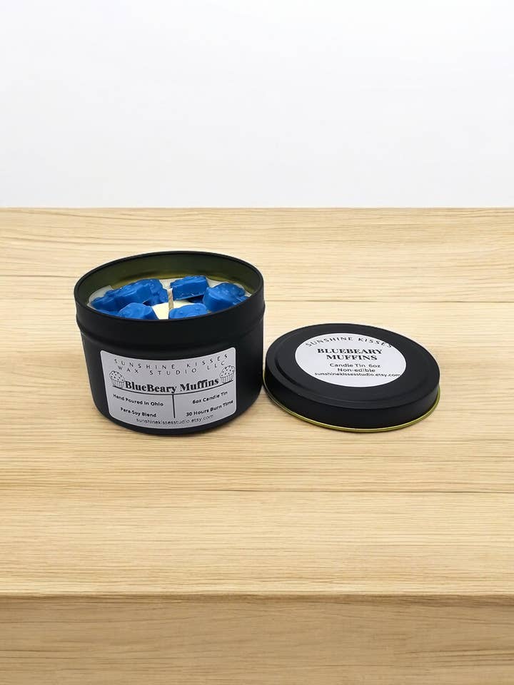 BlueBeary Muffins 6oz Candle Tin for wholesale by Sunshine Kisses Wax Studio LLC