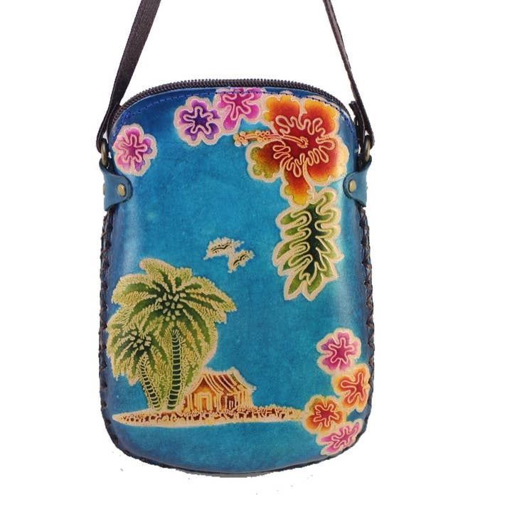 Leather Palm Tree Pouch crossbody purse bag phone bag for wholesale by Sunflower Handmade leather inc