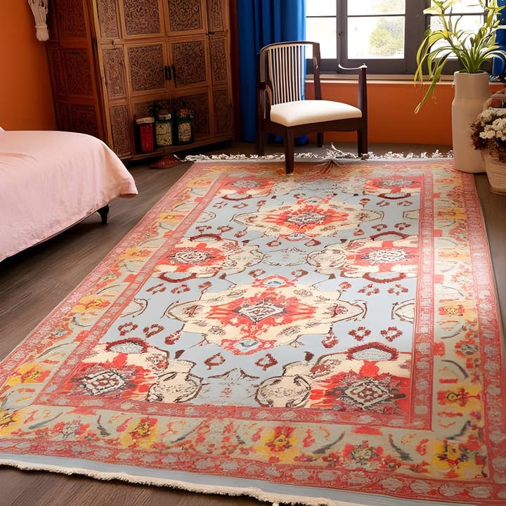 Vintage Pastel Medallion Rug – 120x180cm Soft Blue & Terracotta Flatweave for wholesale by Glamthread