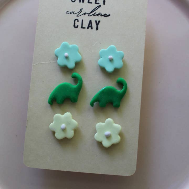 Dinosaur & Daisy Stud Pack - Handmade Polymer Clay Earrings for wholesale by Sweet Caroline Clay