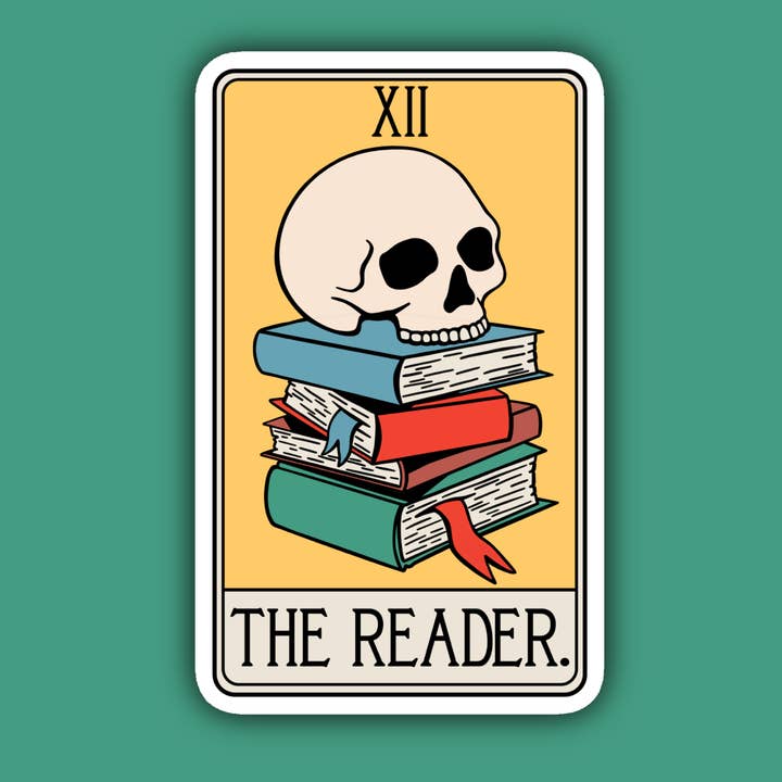 The Reader Tarot Card Skull Books Sticker for wholesale by Indigo Maiden