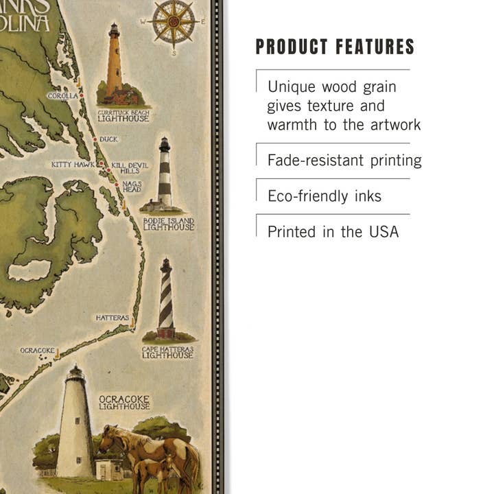 Lantern Press - Wholesale Wood Wall Art - WOOD SIGN ART Outer Banks, North Carolina Lighthouse Map2