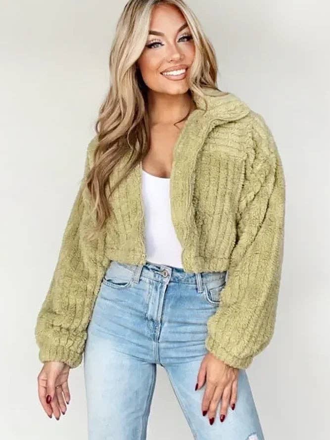 Long Sleeve Zip Up High Collar Cropped Fleece Jacket for wholesale by Tasha Apparel Wholesale