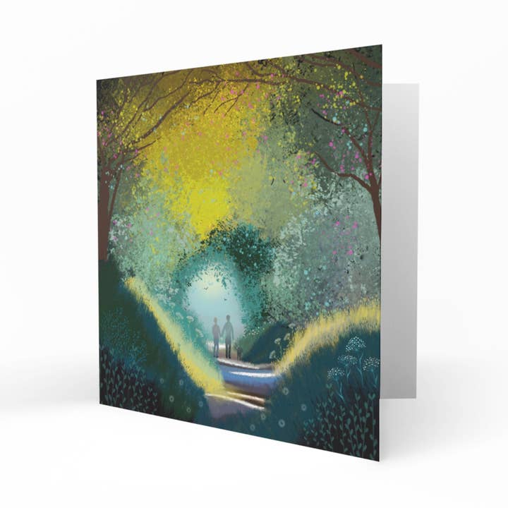 Into the Light, greetings card. Valentines, engagement, or anniversary card. Spring romance. Perfect for countryside and dog lovers. for wholesale by Galloway Arts