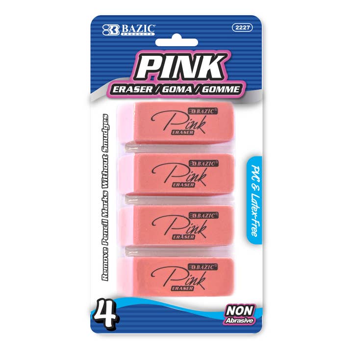 BAZIC Products - Wholesale Eraser - Pink Bevel Eraser (4/Pack)