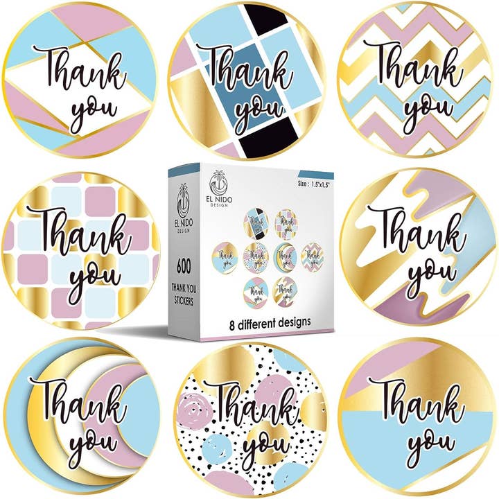 600 Pack Roll - 8 Design Gold Stickers for wholesale by EL NIDO DESIGN