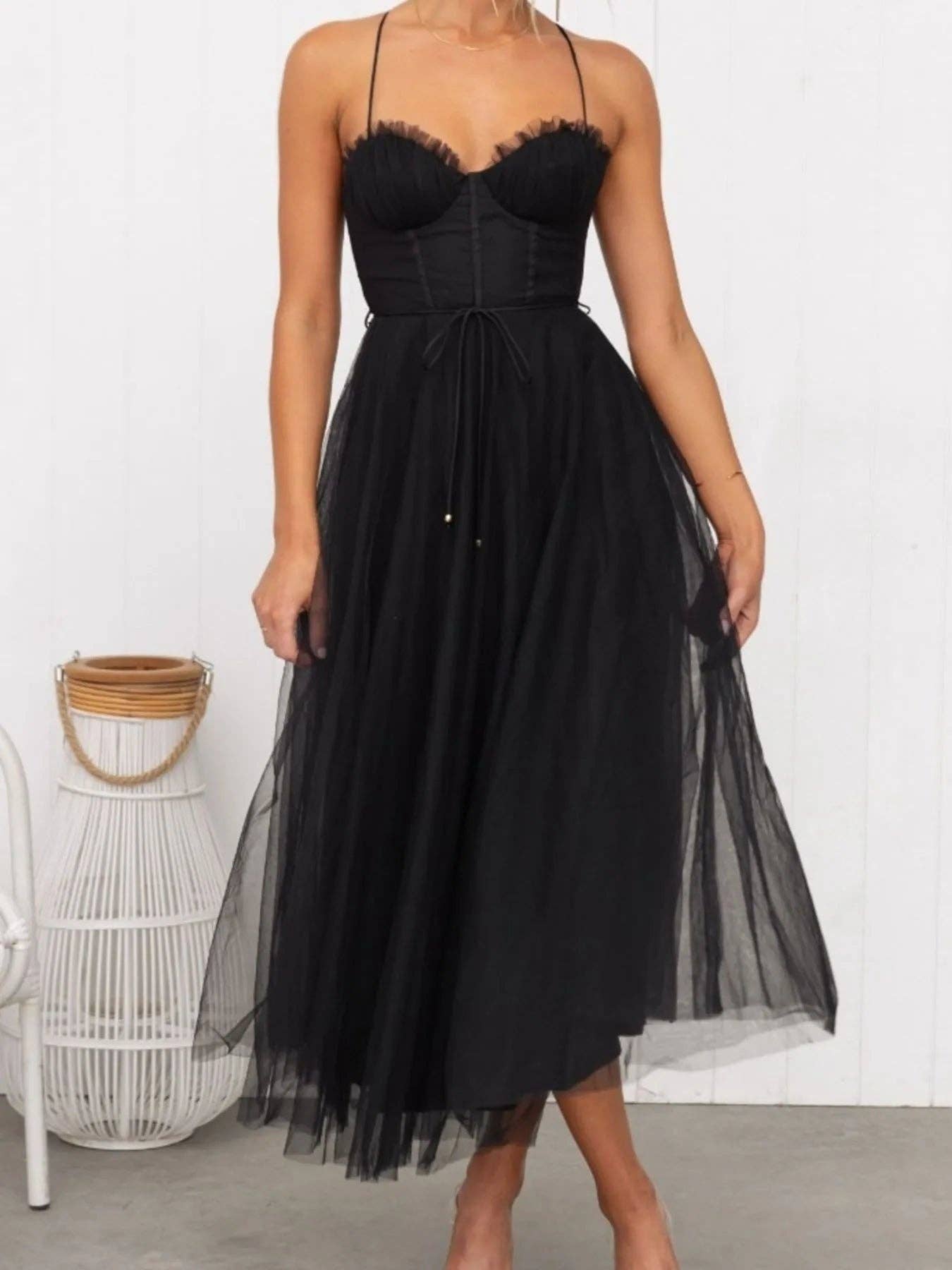 React Activewear - Wholesale Dress - Women's - Sweetheart Neck Tulle Midi Dress6