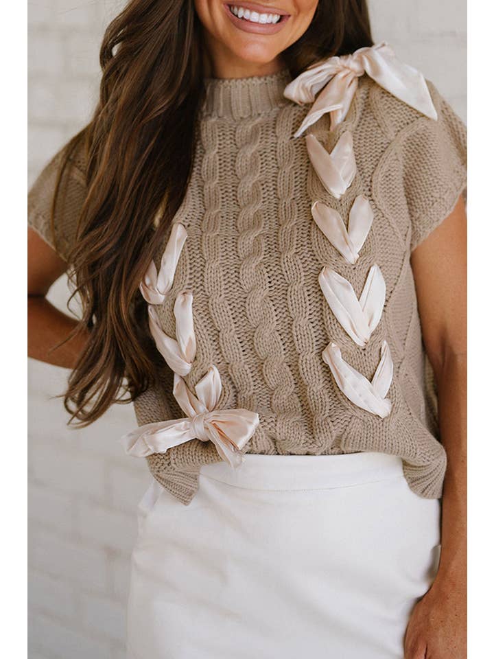 Simply Taupe Cable Knit Satin Bow Sweater for wholesale on Faire