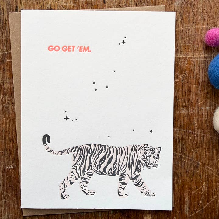 Go Get Em' Tiger Letterpress Card for wholesale by Lark Press