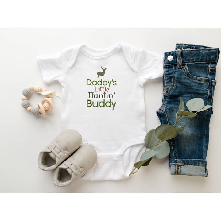Daddy's Little Hunter Embroidered Baby Bodysuit for wholesale by Cordelia Rae