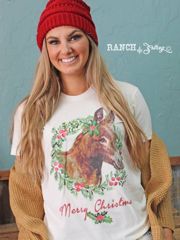 Donkey Wreath Merry Christmas Graphic T-Shirt for wholesale by Ranch Swag