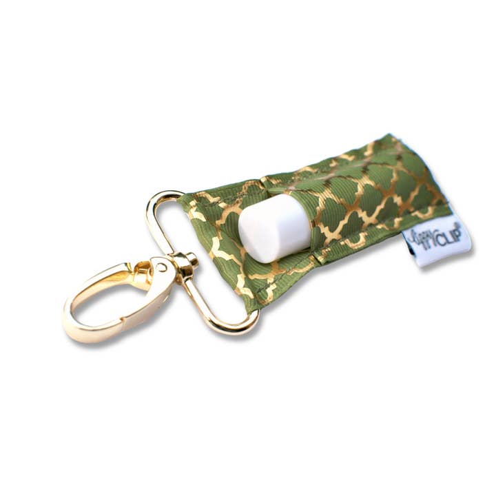 LippyClip Lip Balm Holder - Wholesale Lip Balm Case/Holder - Gold Quatrefoil on Olive LippyClip® Lip Balm Holder