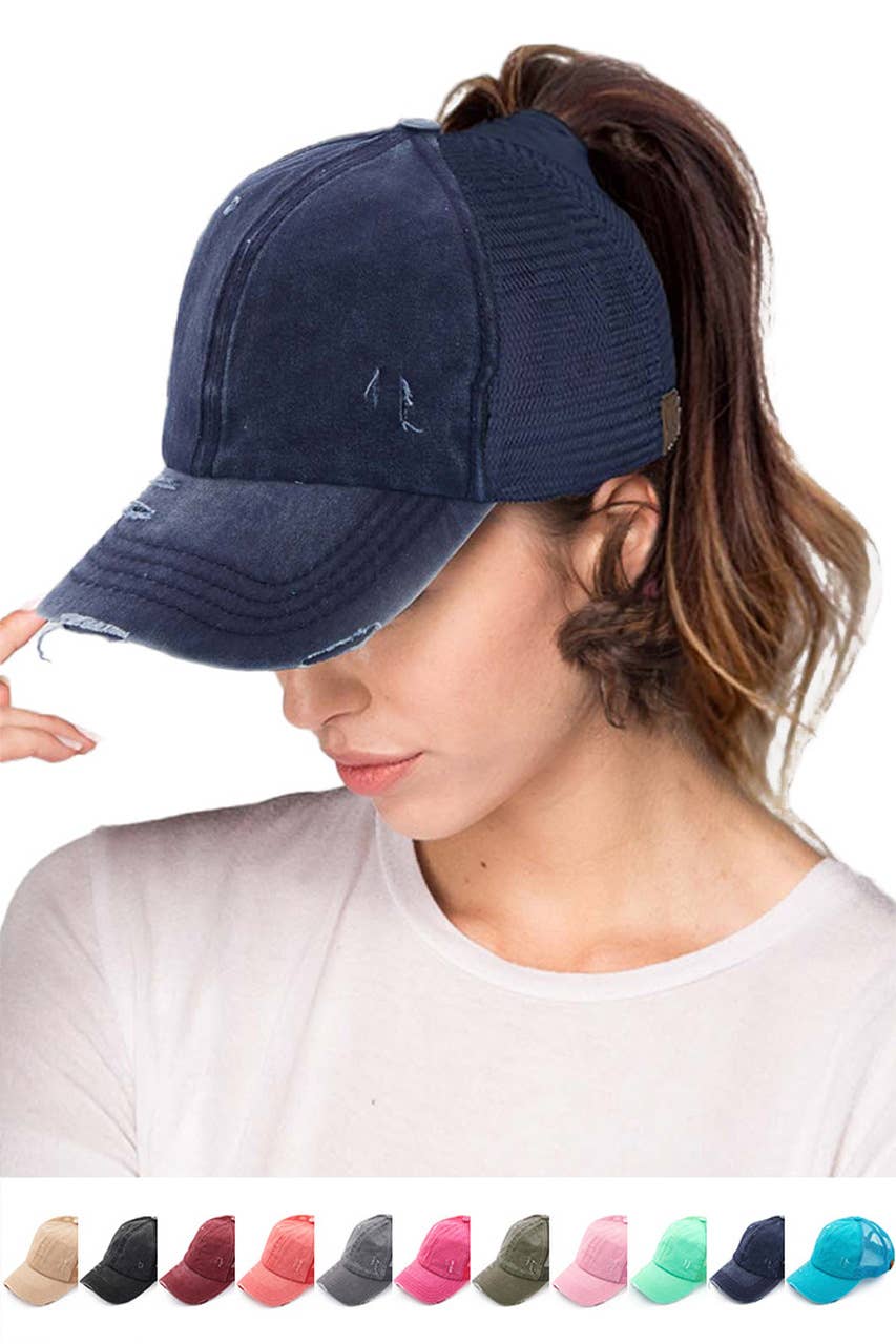 Hana - Wholesale Ponytail Cap - Women's - CC Distressed Ponytail Messy Bun Cap19