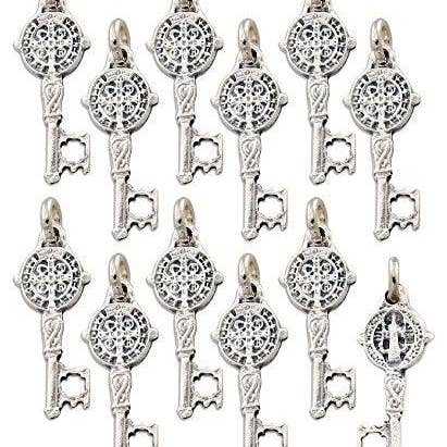 Lot of 12 pcs - Silver Tone Saint St. Benedict Key of Heaven Medal Pendant Charm for wholesale by Catholica Shop