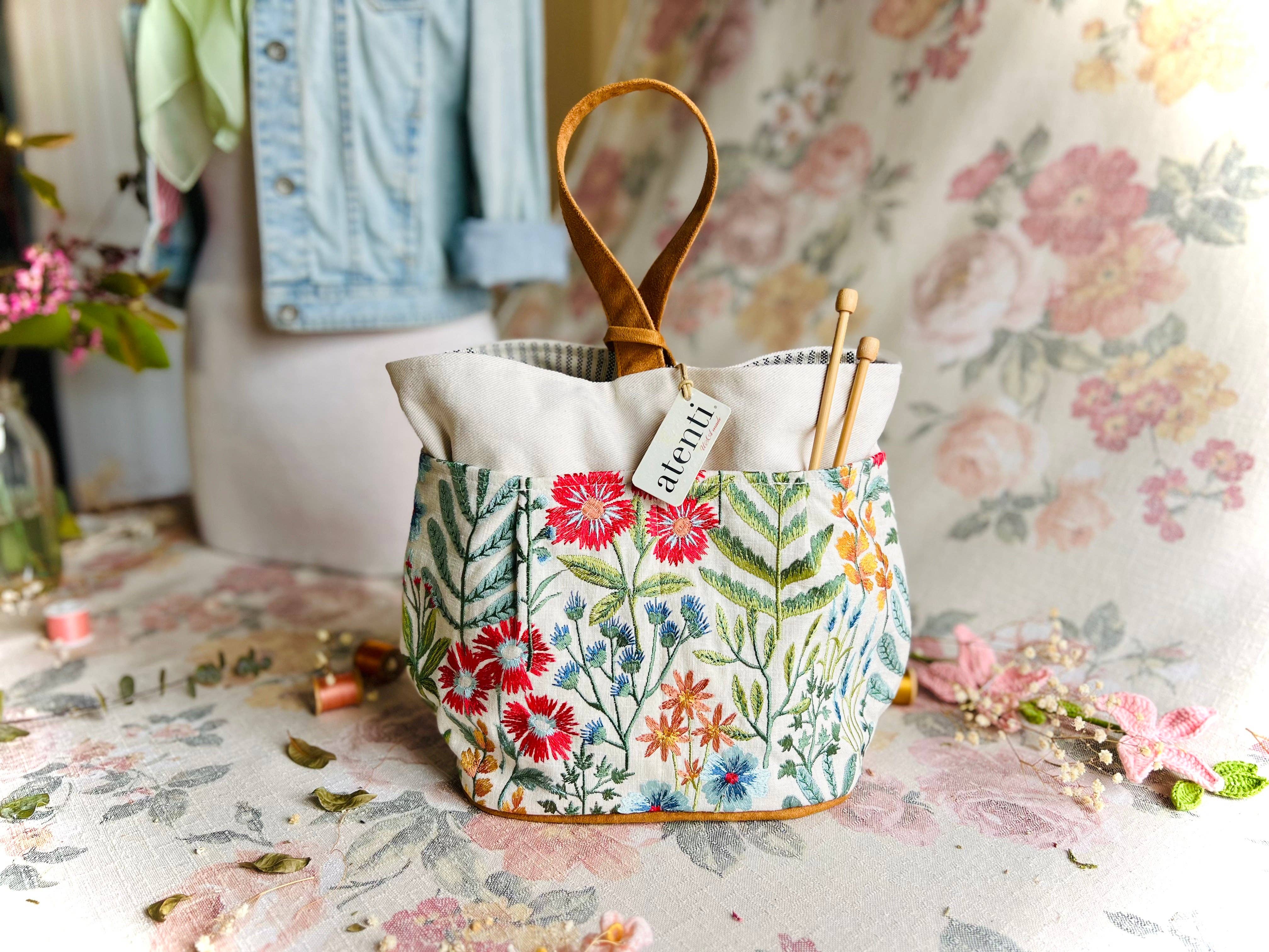 Atenti - Wholesale Tote Bag - Women's - Wildflower Tall Caddy– Handmade USA Embroidered Floral Yarn & Notions Organizer, Atenti Project Bag8