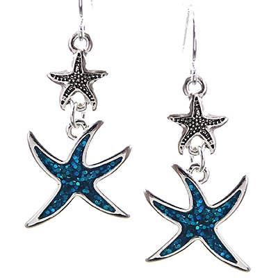 FR6095 Blue Glitter Double Starfish Earrings for wholesale by 0011 PREMIERE