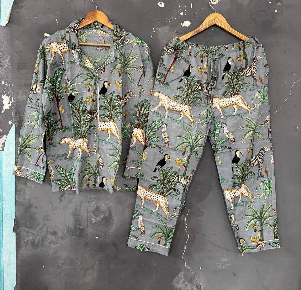 Bhawana Handicrafts - Wholesale Lounge Top - Women's - Jungle Animal Print PJ Set Cotton Pants Shirt Set Night Suit4