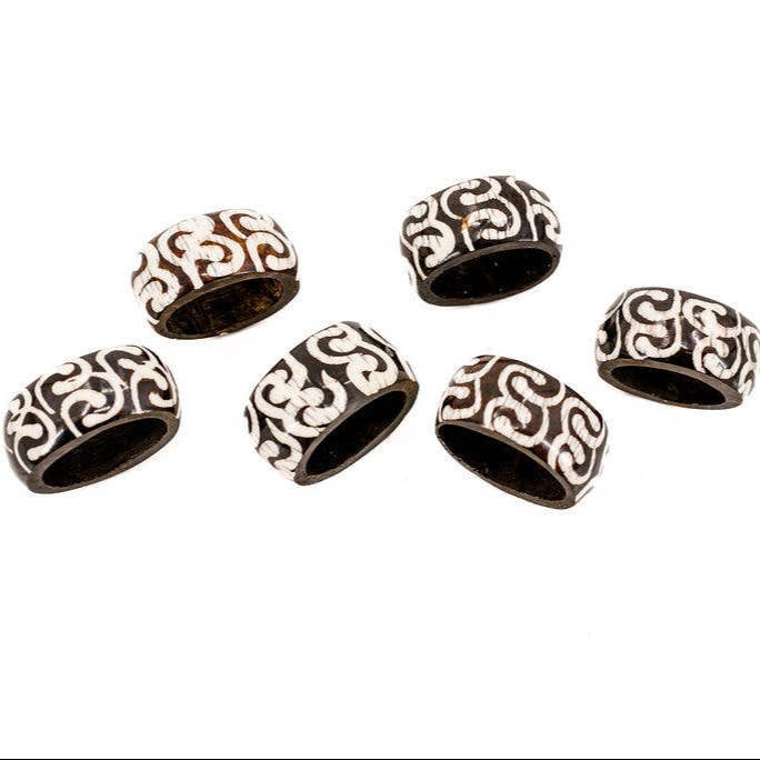 Black and White Batik Bone Napkin Rings, Set of 6 for wholesale by Gitzell FairTrade