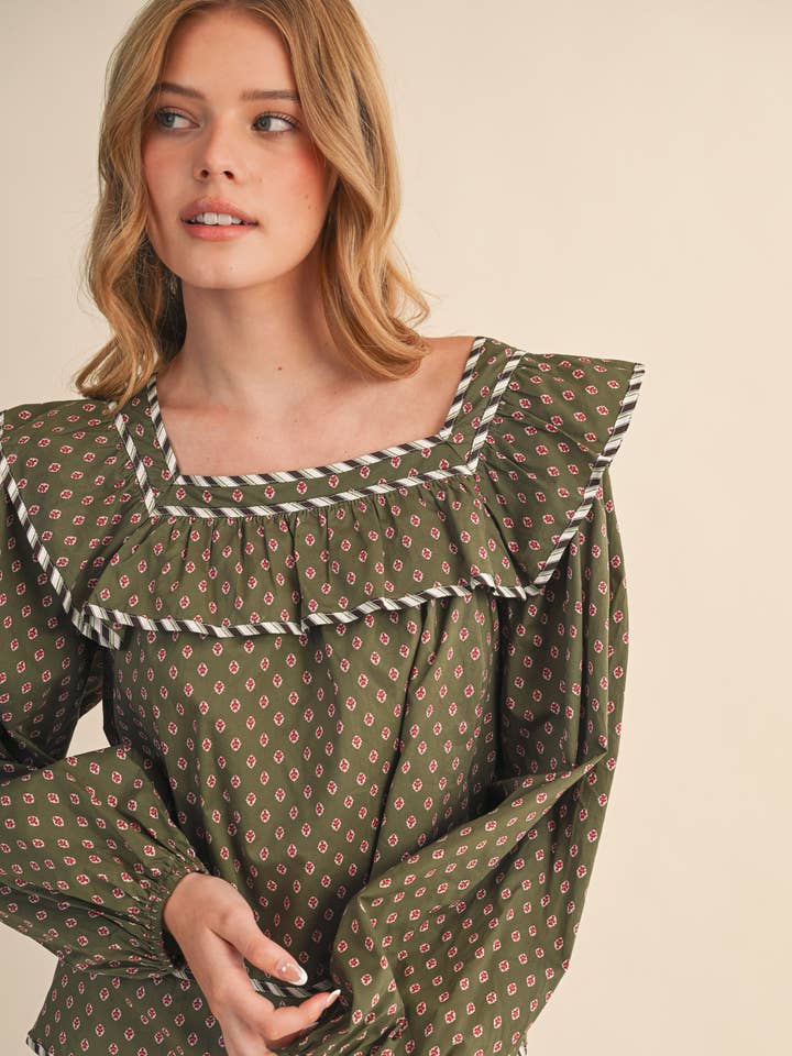RUFFLED YOKE TIE BACK LONG SLEEVE TOP MTP4487 for wholesale by &MERCI