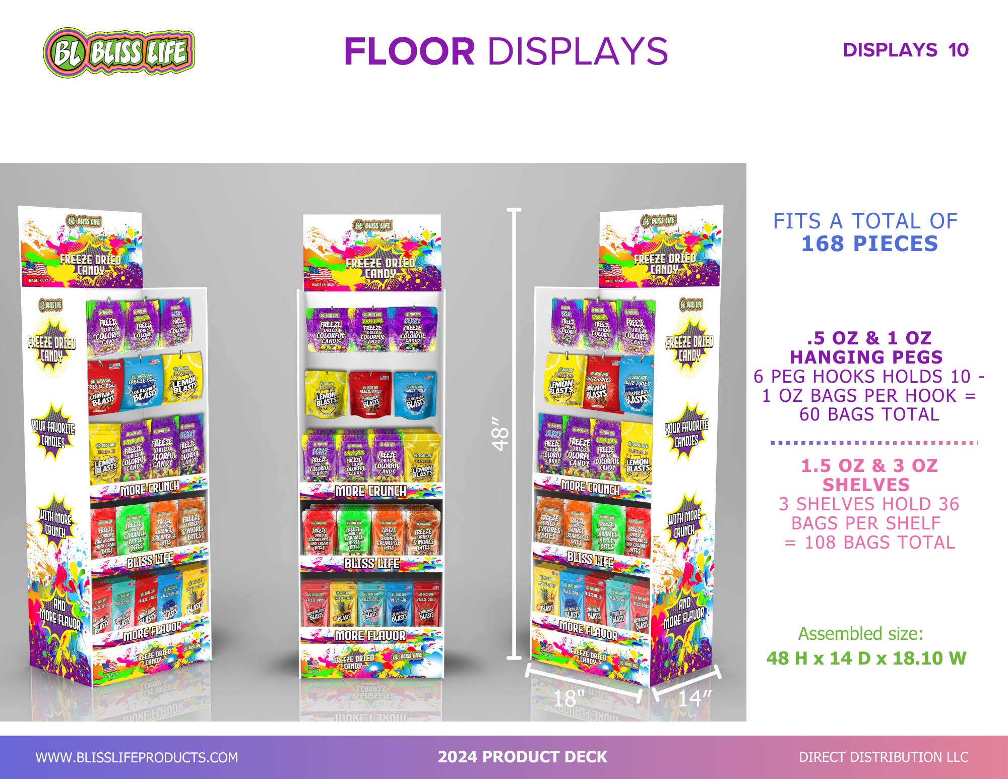 Bliss Life - Venta al por mayor Estantes de exposición de minoristas - Alimentos y bebidas - Exhibidor de Piso con Dulces Liofilizados - Completo con 168 unidades