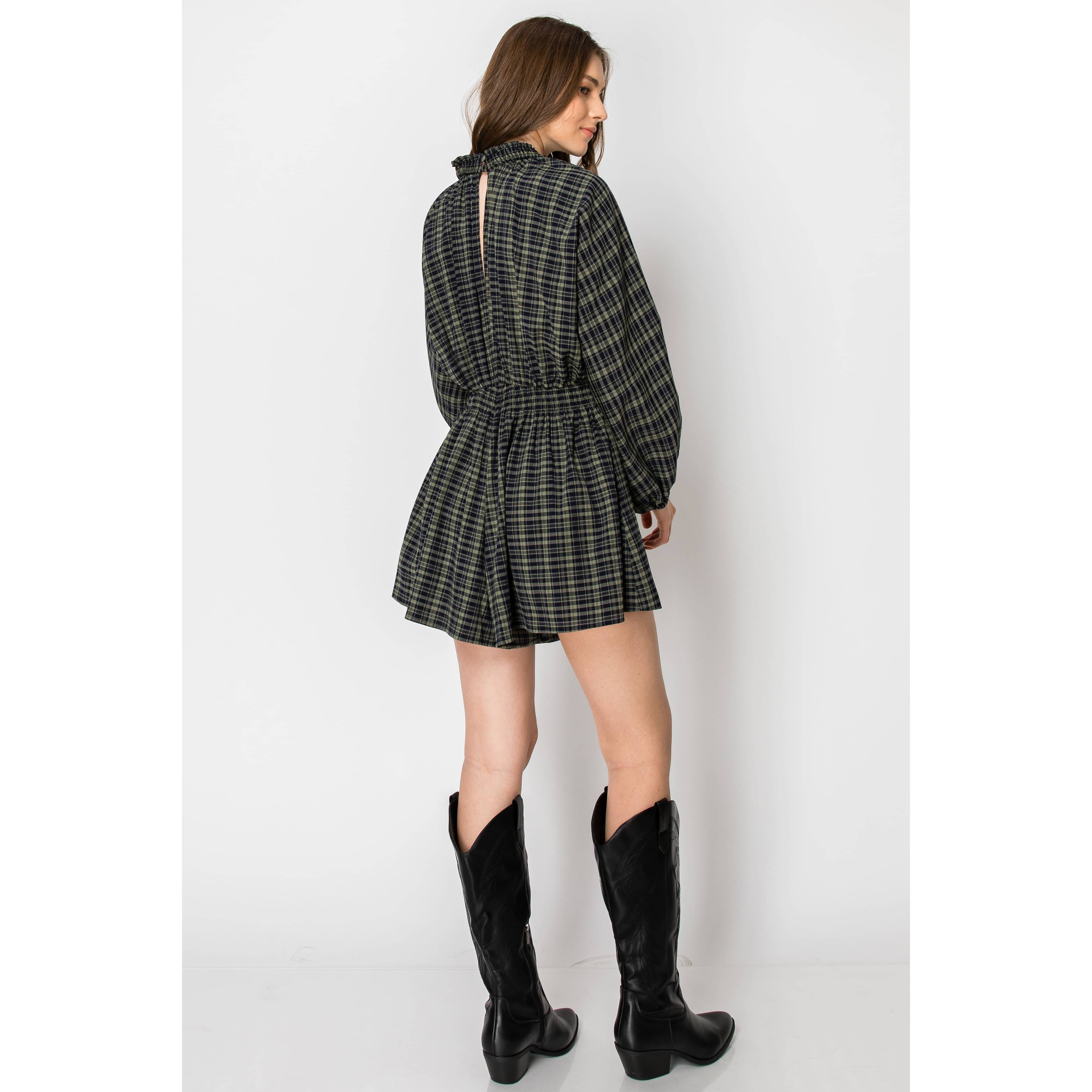 SKYLAR ROSE – wholesale Byxdress - Dam – Dolman Sleeve Pläd Smocked V-ringad ROMPER	4