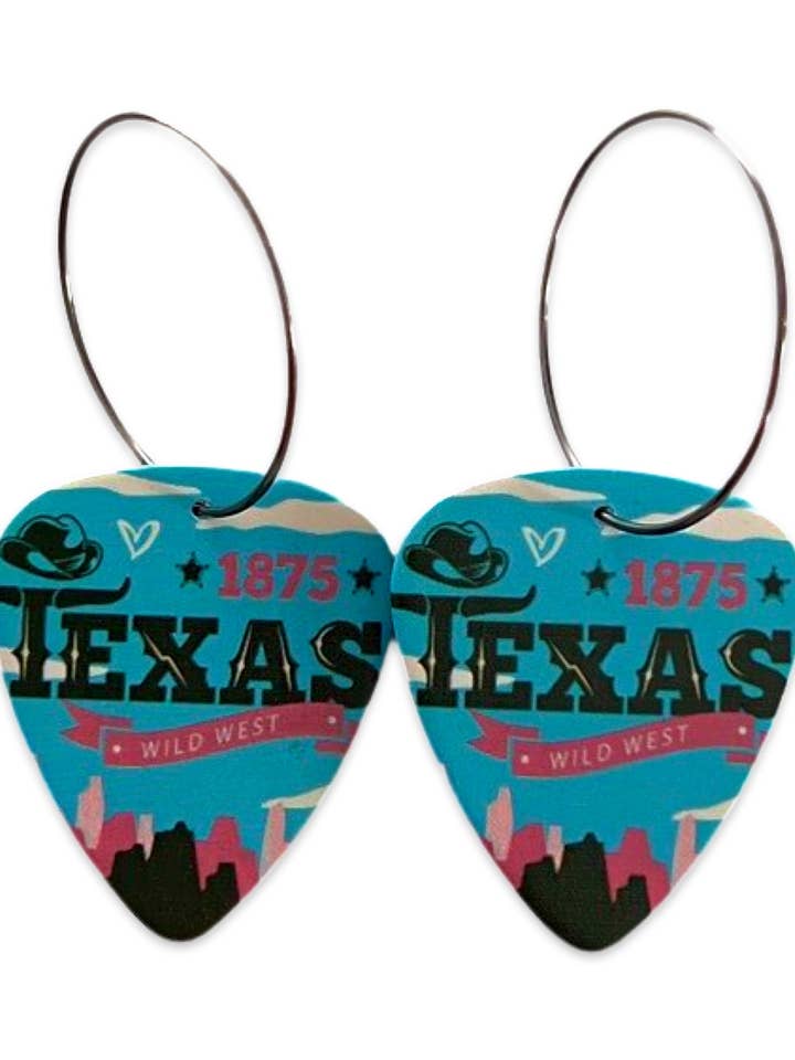 Texas Wild West Blue Reversible Single Guitar Pick Earrings for wholesale by Groupie Love