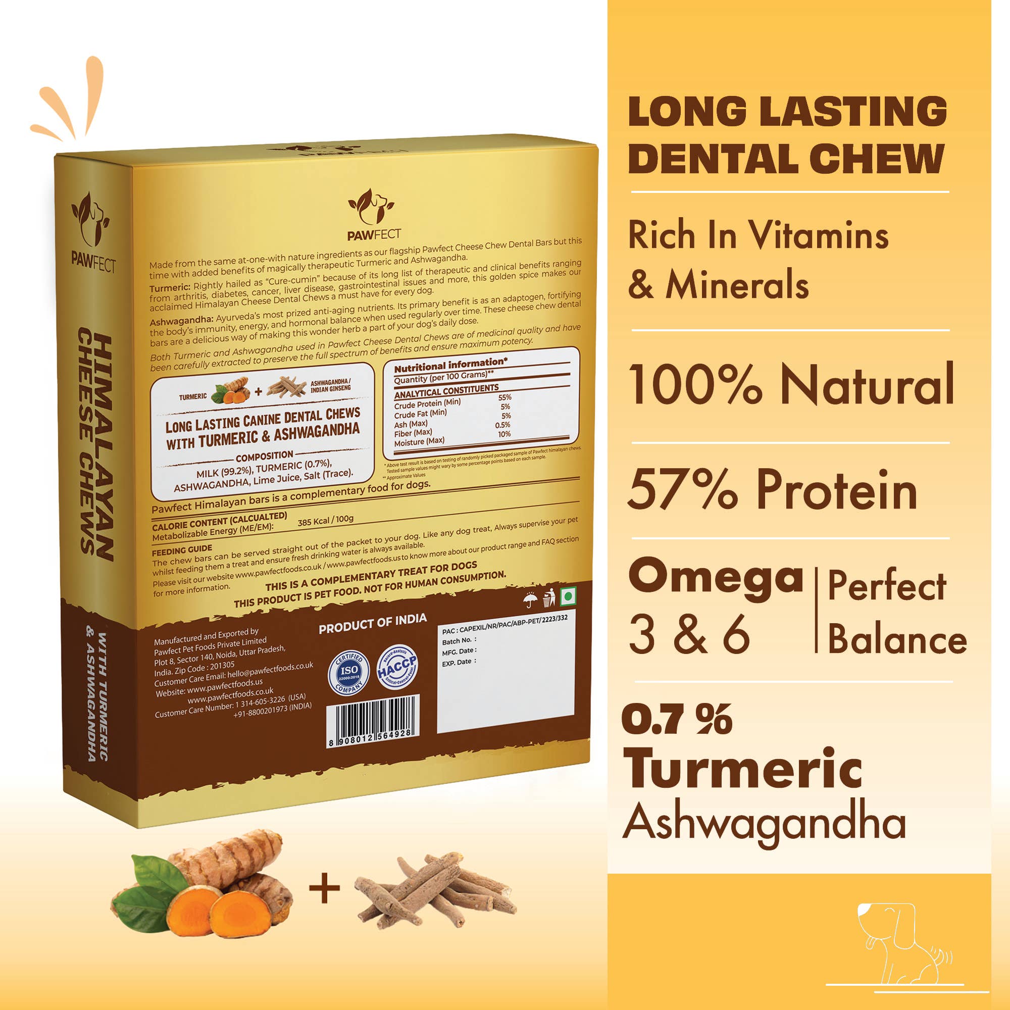 Pawfect Foods - Vente Friandises – chien - Friandises au fromage de l'Himalaya Pawfect avec curcuma et ashwagandha pour chiens|Bâtonnet dentaire 100% naturel|Nettoie les dents|Aide à éliminer la plaque et le tartre|Sans céréales|Mâche longue durée|Lot de 31