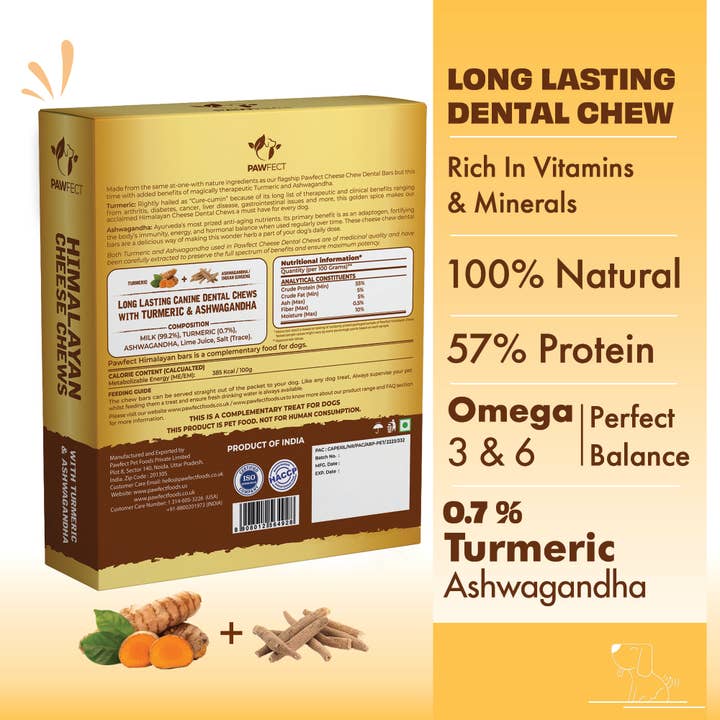 Pawfect Foods - Vente Friandises – chien - Friandises au fromage de l'Himalaya Pawfect avec curcuma et ashwagandha pour chiens|Bâtonnet dentaire 100% naturel|Nettoie les dents|Aide à éliminer la plaque et le tartre|Sans céréales|Mâche longue durée|Lot de 31
