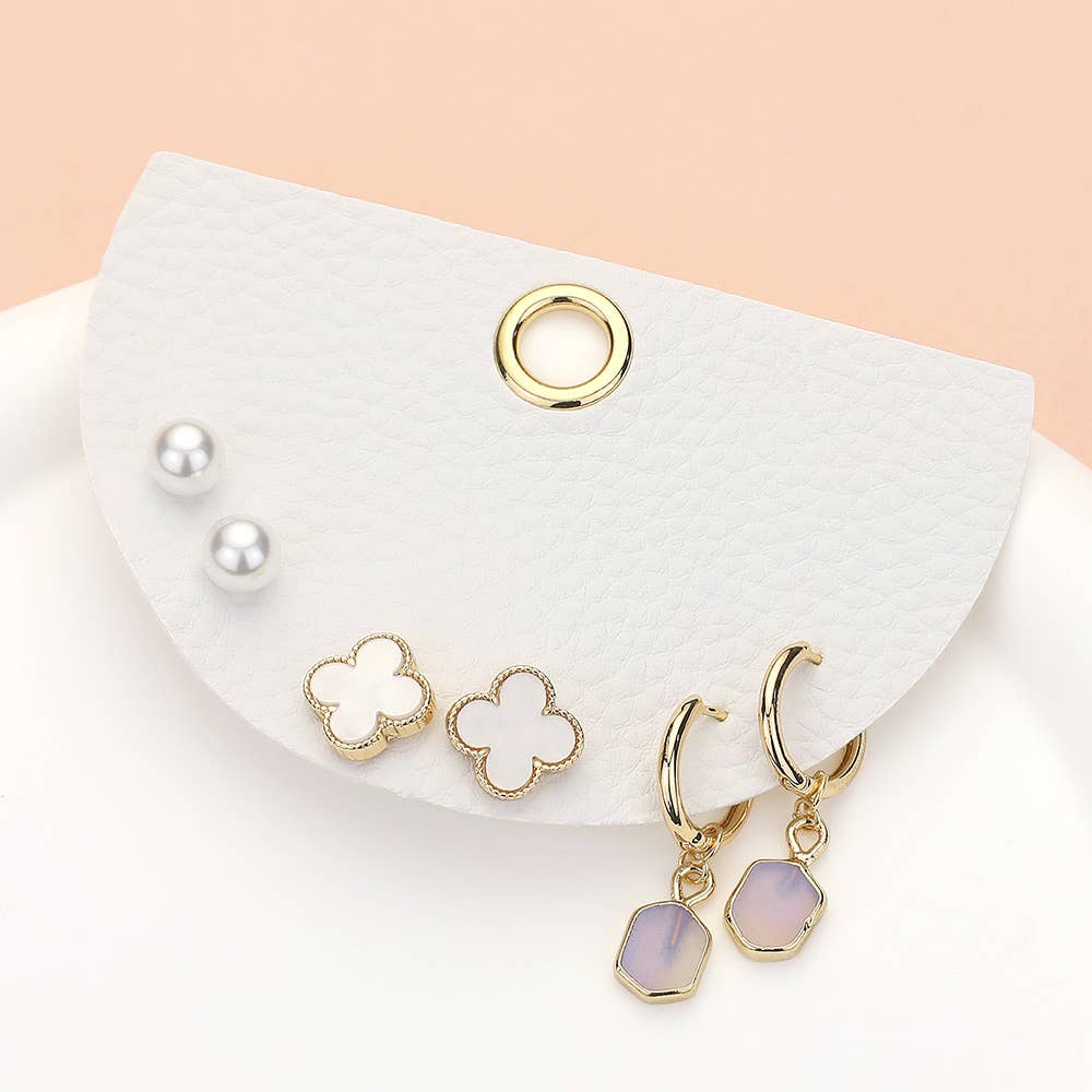 Sensibling Corp. – wholesale Smycken – 3 par - Quatrefoil Pearl Stud natursten dinglande örhängen8