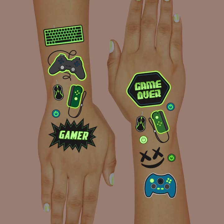 Petit Fetti - Vente Tatouage temporaire – enfant - Tatouages temporaires Gamer Glow In The Dark pour enfants, activité, faveur