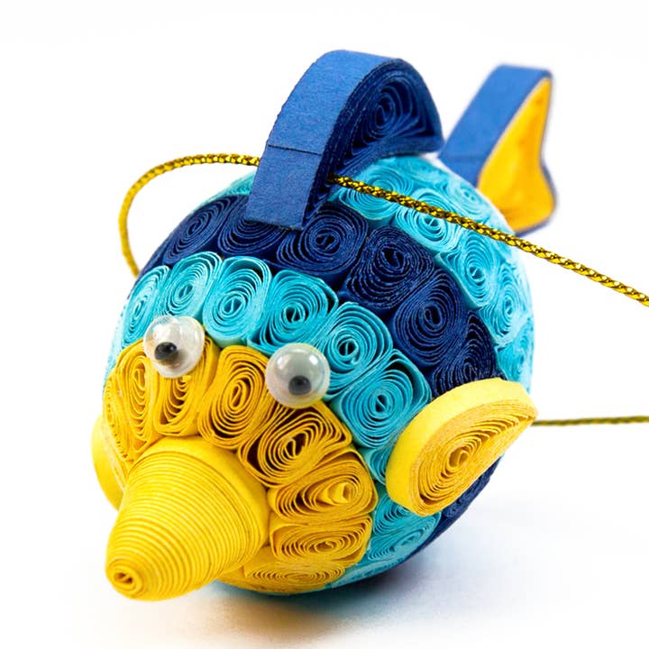 Poisson (3D, jaune et bleu), ornement en papier fait main pour la vente par REECII