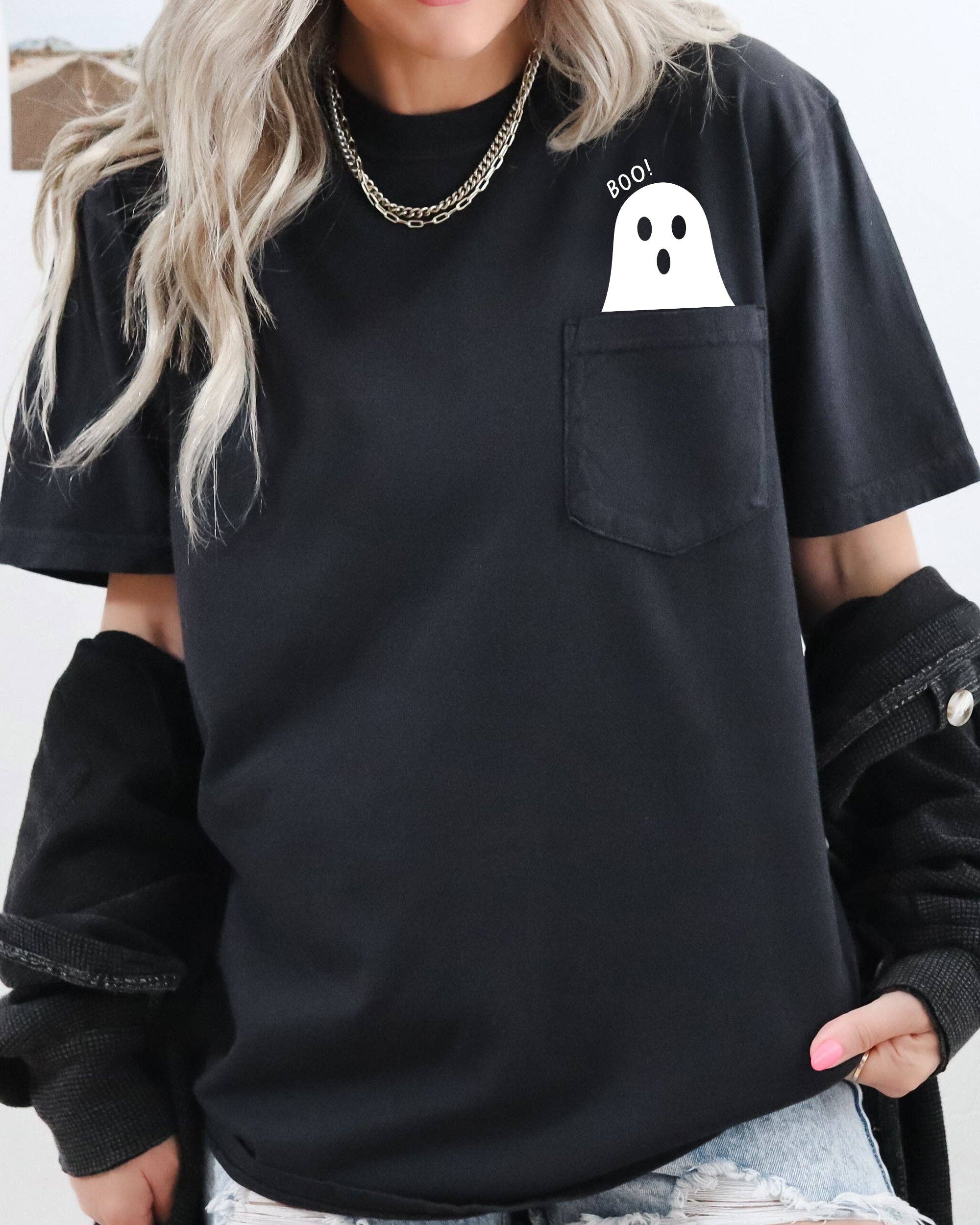 Refinery Number One LLC - Wholesale Screen Printed T-Shirt - Women's - Boo Ghost Halloween Pocket, Cute, Skeleton, Ghost Tee1