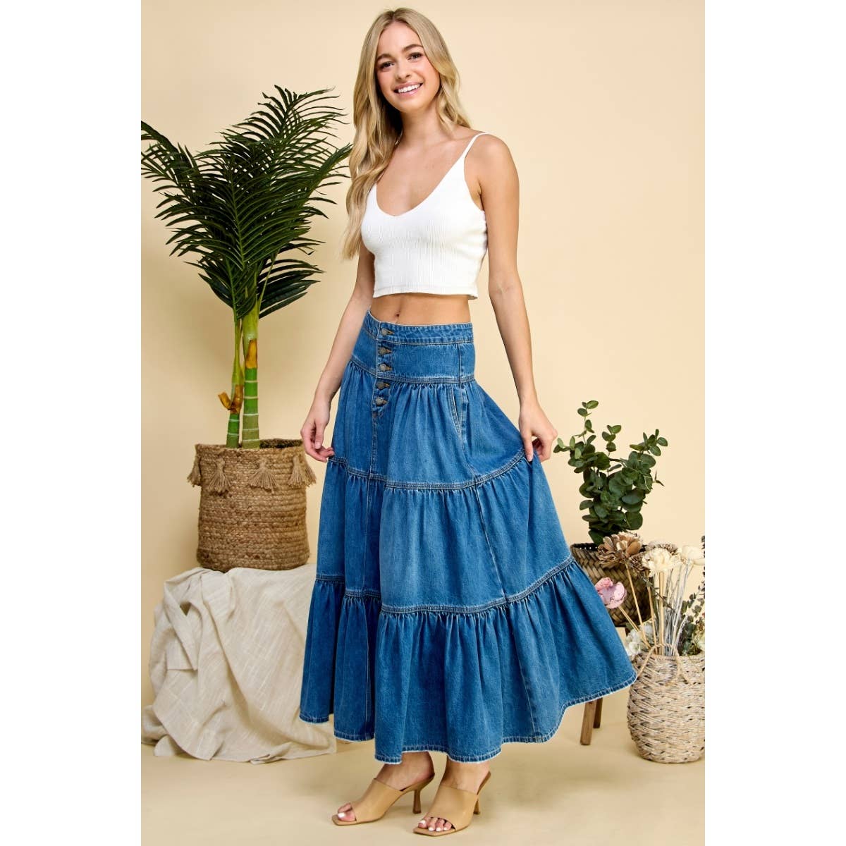 Med Wash Front Button 3 tiered Denim Skirt for wholesale on Faire4