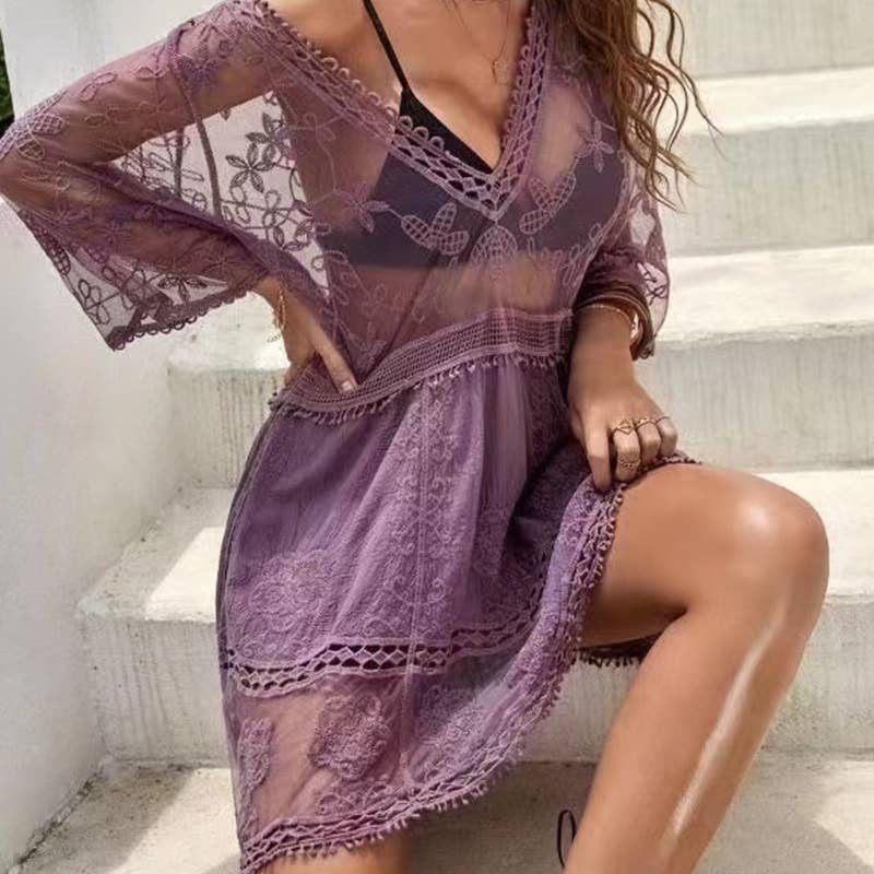 HIDDENBRAND - Wholesale Swim Cover Up - Women's - Embroidered Crochet Lace Beach Cover Up Dress2
