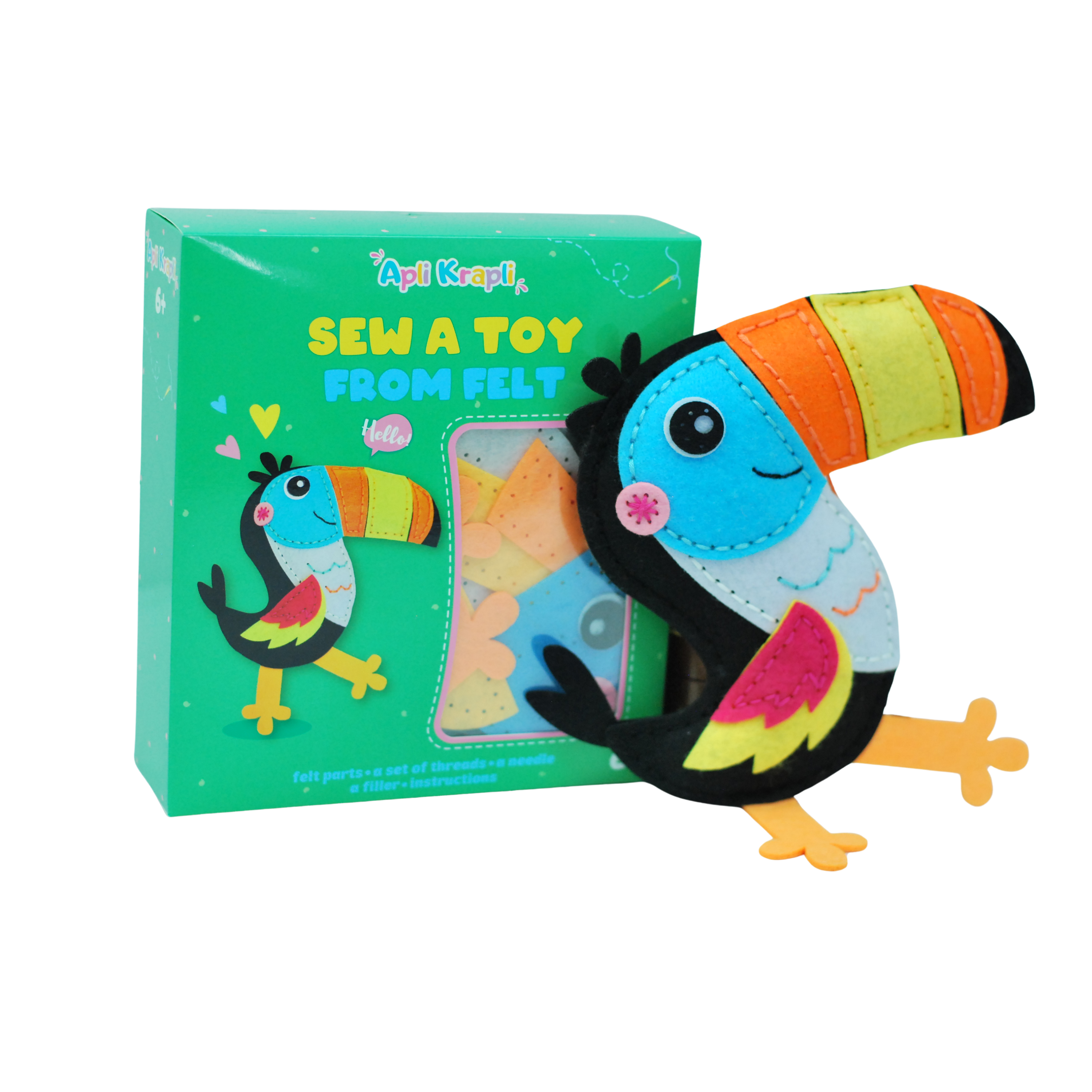 Fainotoys - Vente Lot de jouets – enfant - APLI Krapli - Kit de jouet en feutre à coudre soi-même APLI Krapli Toucan Feutre pré-découpé Rembourrage Fil & Aiguille sûre Âges 6+0
