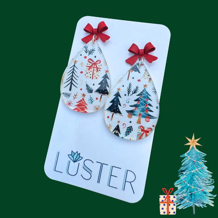 Holiday Bow Tree Dangle Statement Earrings for wholesale by LUSTER