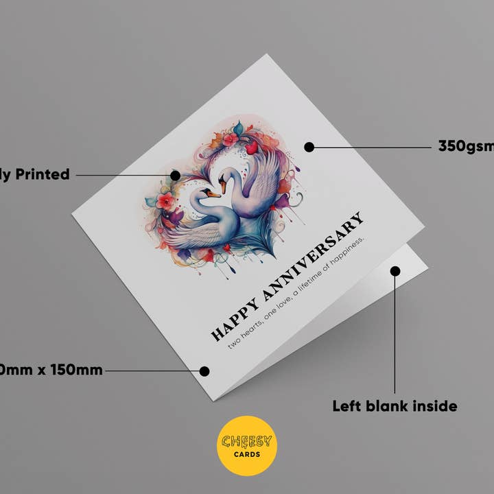 CheesyCards - Vente Cartes d'anniversaire - Carte de vœux d'anniversaire de mariage avec 2 cœurs de cygnes