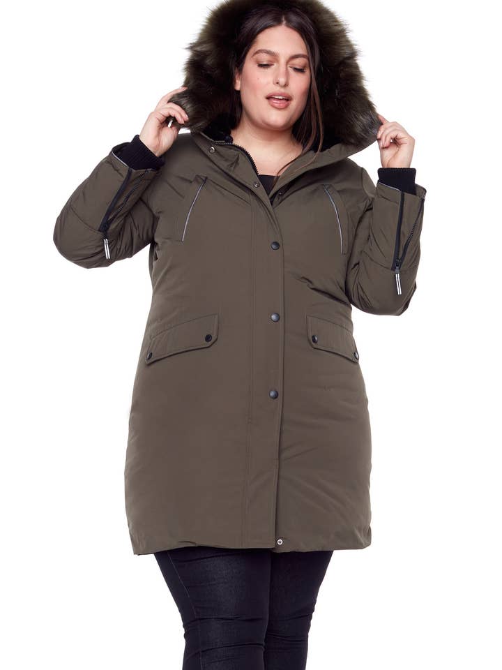 LAURENTIAN PLUS | PARKA LONG FEMME EN DUVET VÉGÉTALIEN (RECYCLÉ), OLIVE (TAILLE PLUS) pour la vente par Alpine North CA