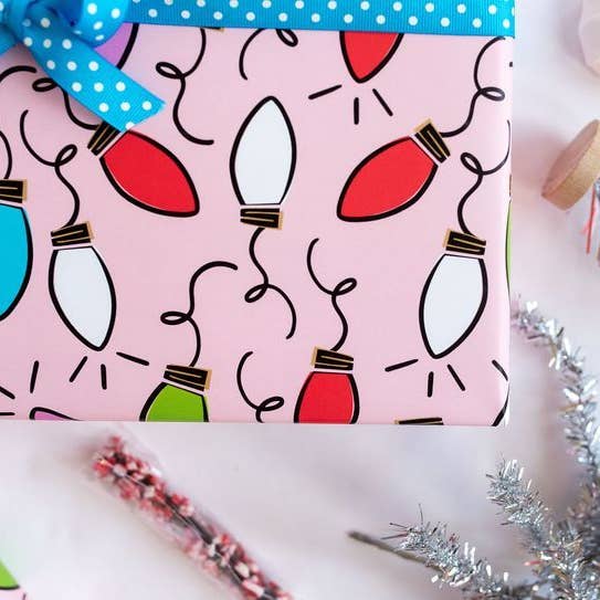 Francine and Georgia - Wholesale Flat Wrap - Christmas, Pink, Wrapping Paper, Modern, Lights