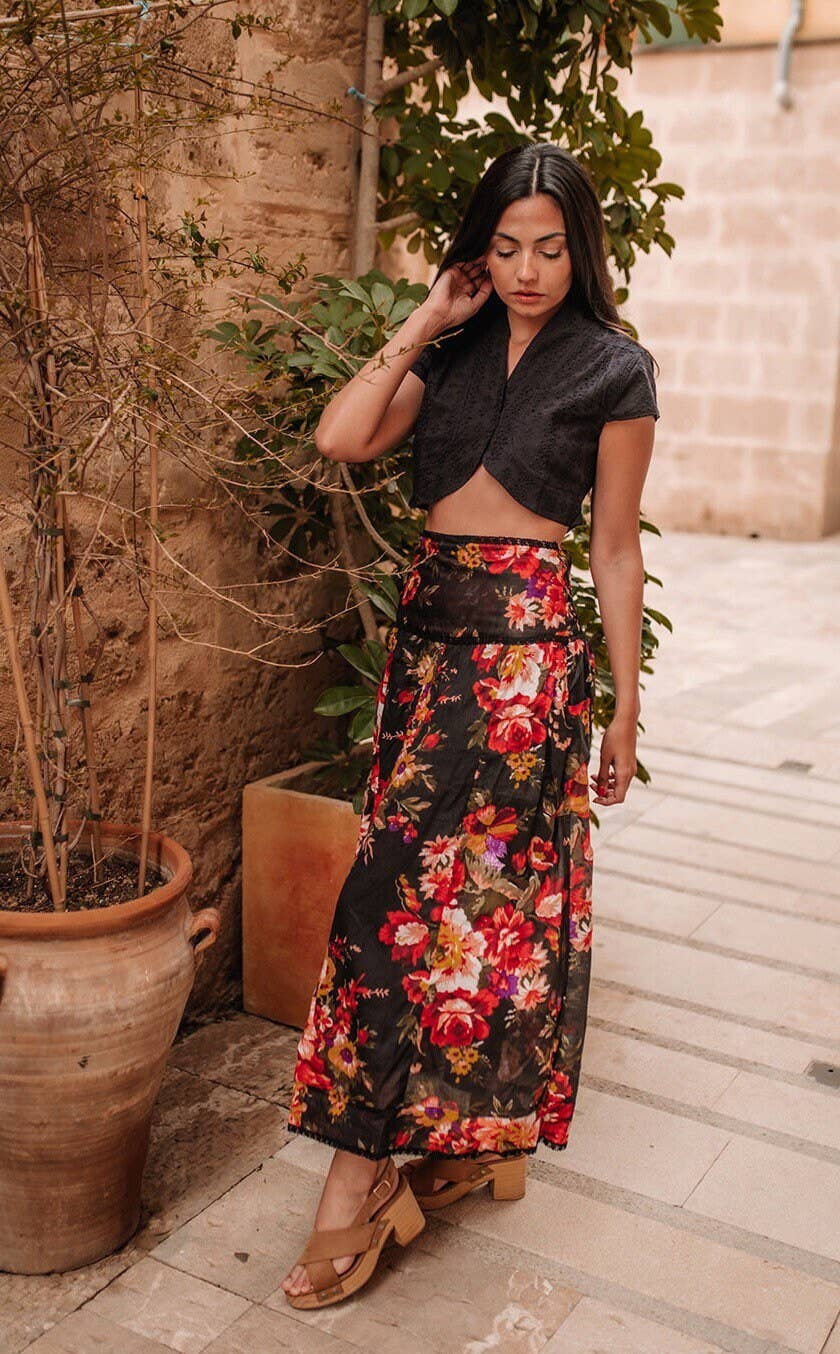 Miss Kitsch – wholesale Skirt – Women’s – Marcelle black floral cotton summer midi skirt, Style5