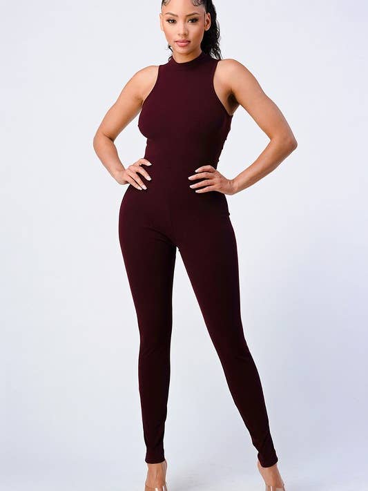 TRENDY STRAP-TIE BACK ZIP-UP BODYCON JUMPSUIT for wholesale by PRIVY