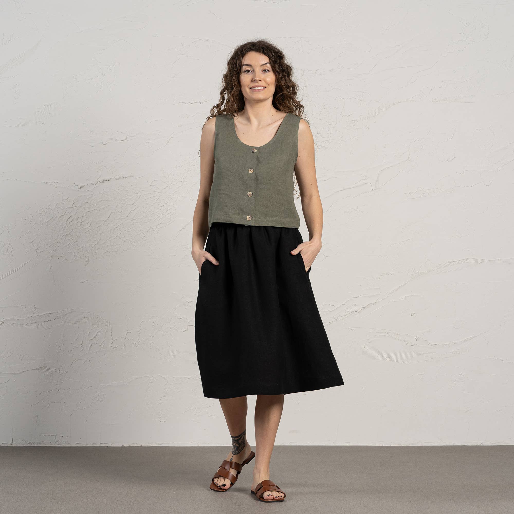 menique - Wholesale Skirt - Women's - Linen Midi Skirt Sophia - Casual Linen Skirt with Pockets11