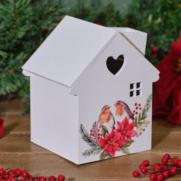 Julstjärna med rödhakar trä hus servetthållare box för wholesale av Langs