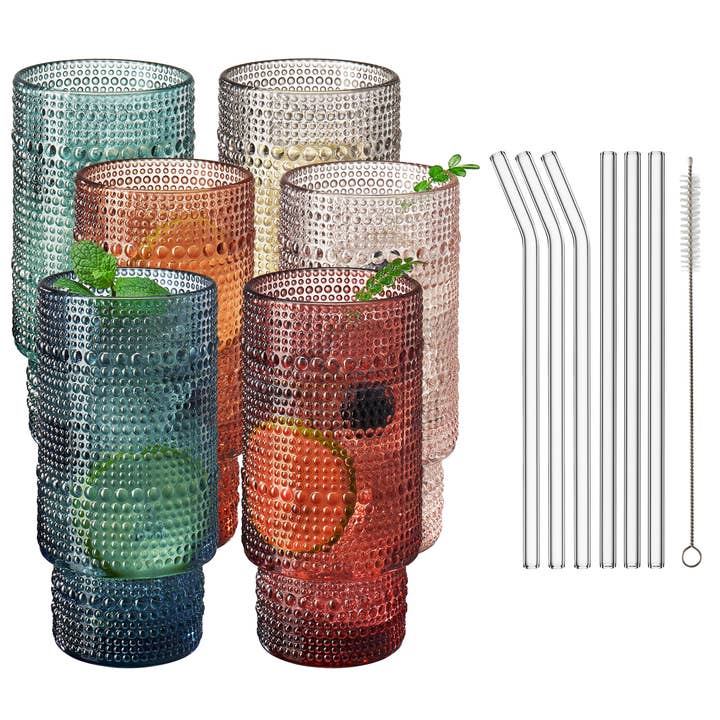 The Wine Savant / Khen Glassware - Wholesale Cocktail/Liquor Glass - Hobnail Highball Glasses | Set of 6 | with Glass Straws
