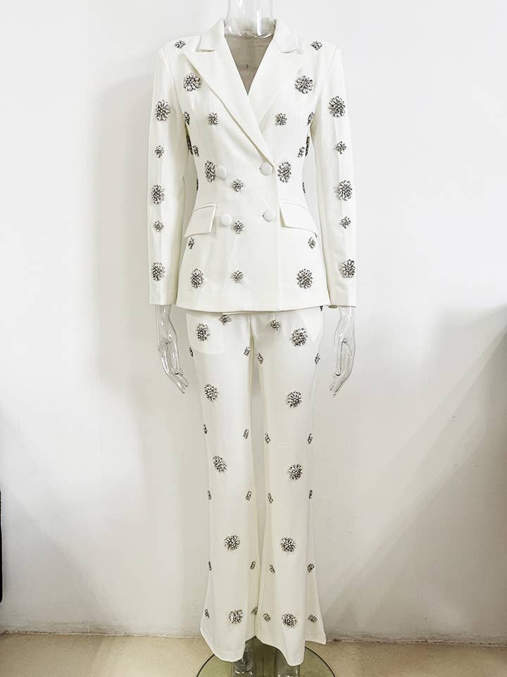 White SET8-11Y Diamond Beaded Suit Jacket & Flared Trousers Set for wholesale on Faire