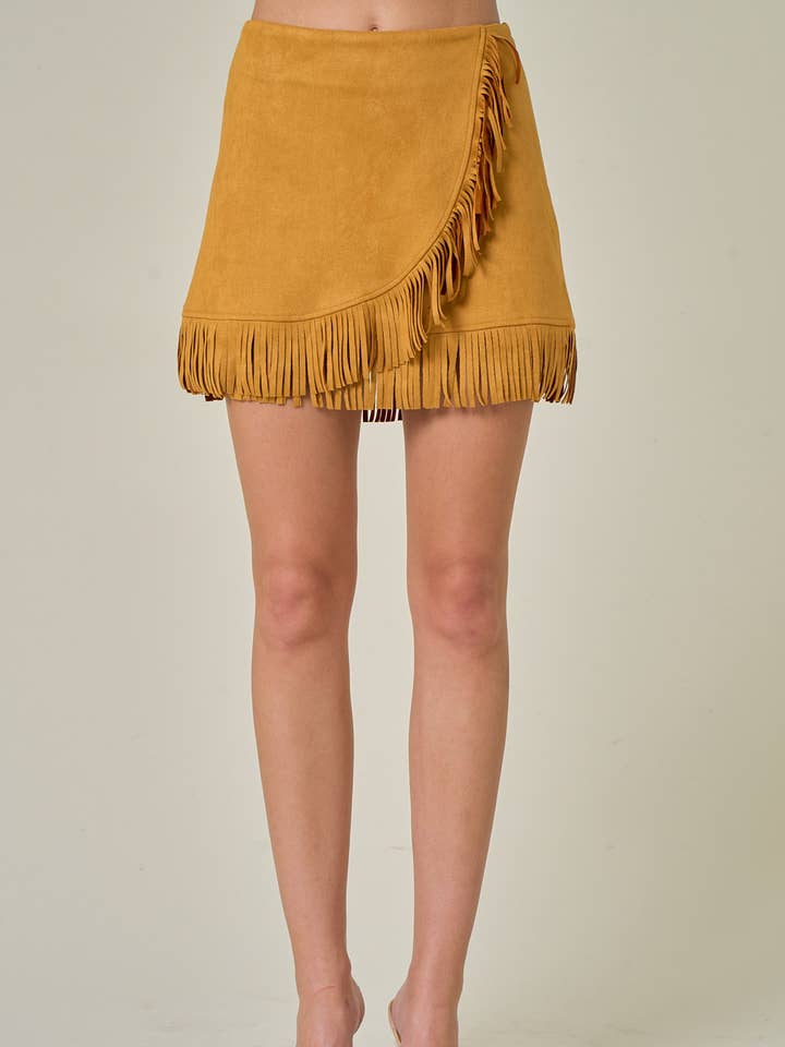 SIS1152A MUSTARD SUEDE FRINGE WRAP SKIRT for wholesale by Saints & Hearts