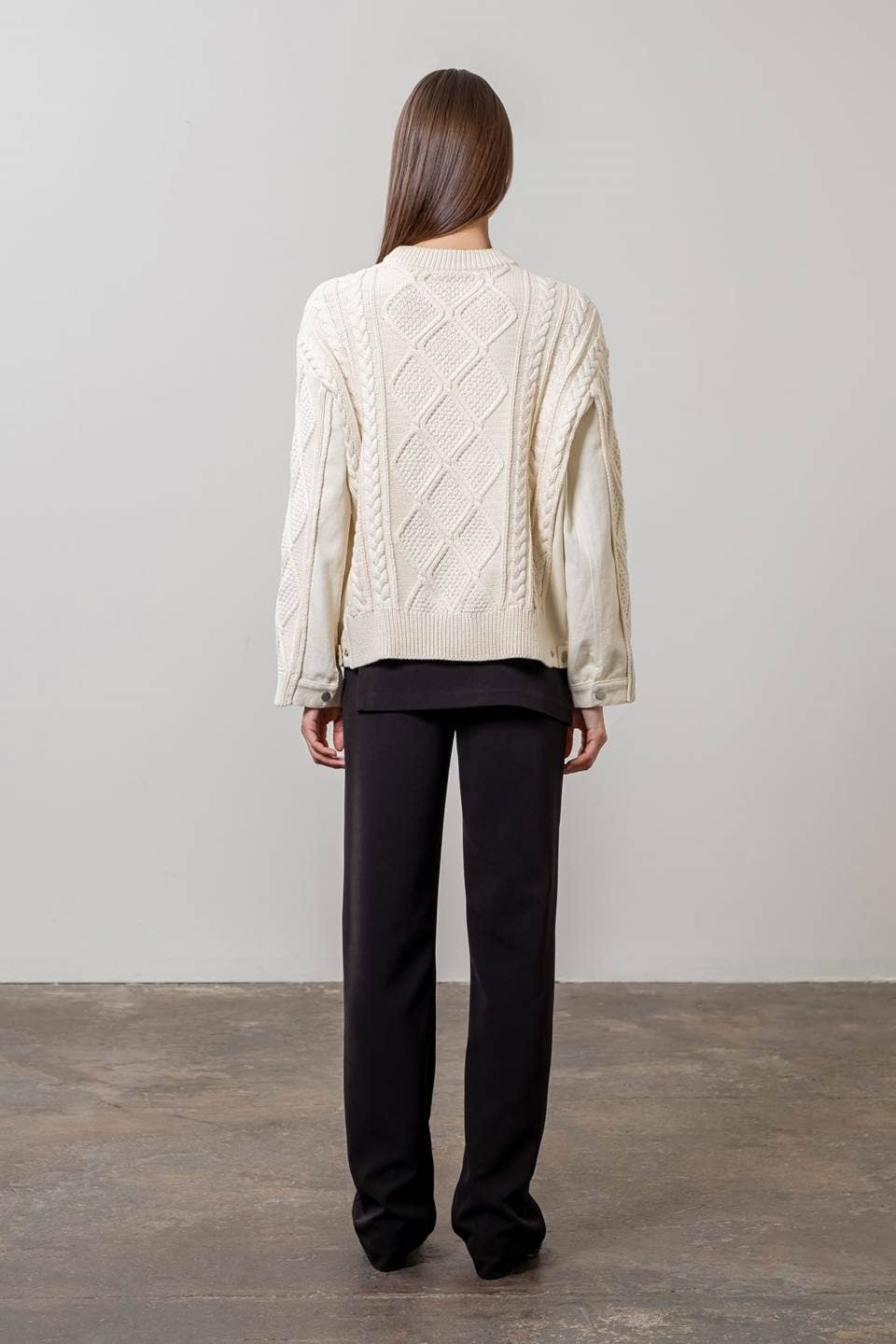 CREAM CABLE KNIT SWEATER WITH DENIM DETAIL for wholesale on Faire1