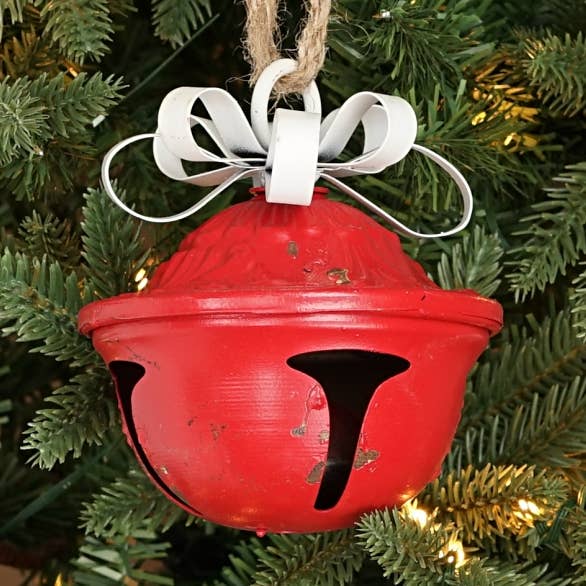 M32518-Vintage red nutshell bell w. metal bow (5inH) for wholesale by Holiday Depot Inc.