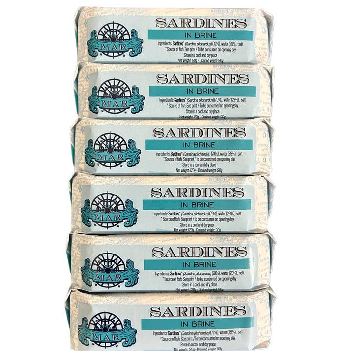 Tin Can Fish ( BELA, Cantara, Mar, Porthos, Varina ) - Wholesale Tinned Fish - MAR Brand Sardines in Brine - 6 Pack