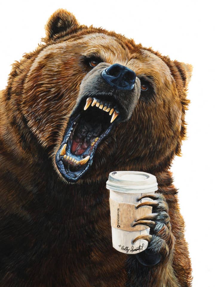 Grizzly Bear Coffee Whimsical Signed Archival Art Print for wholesale by Holly Simental
